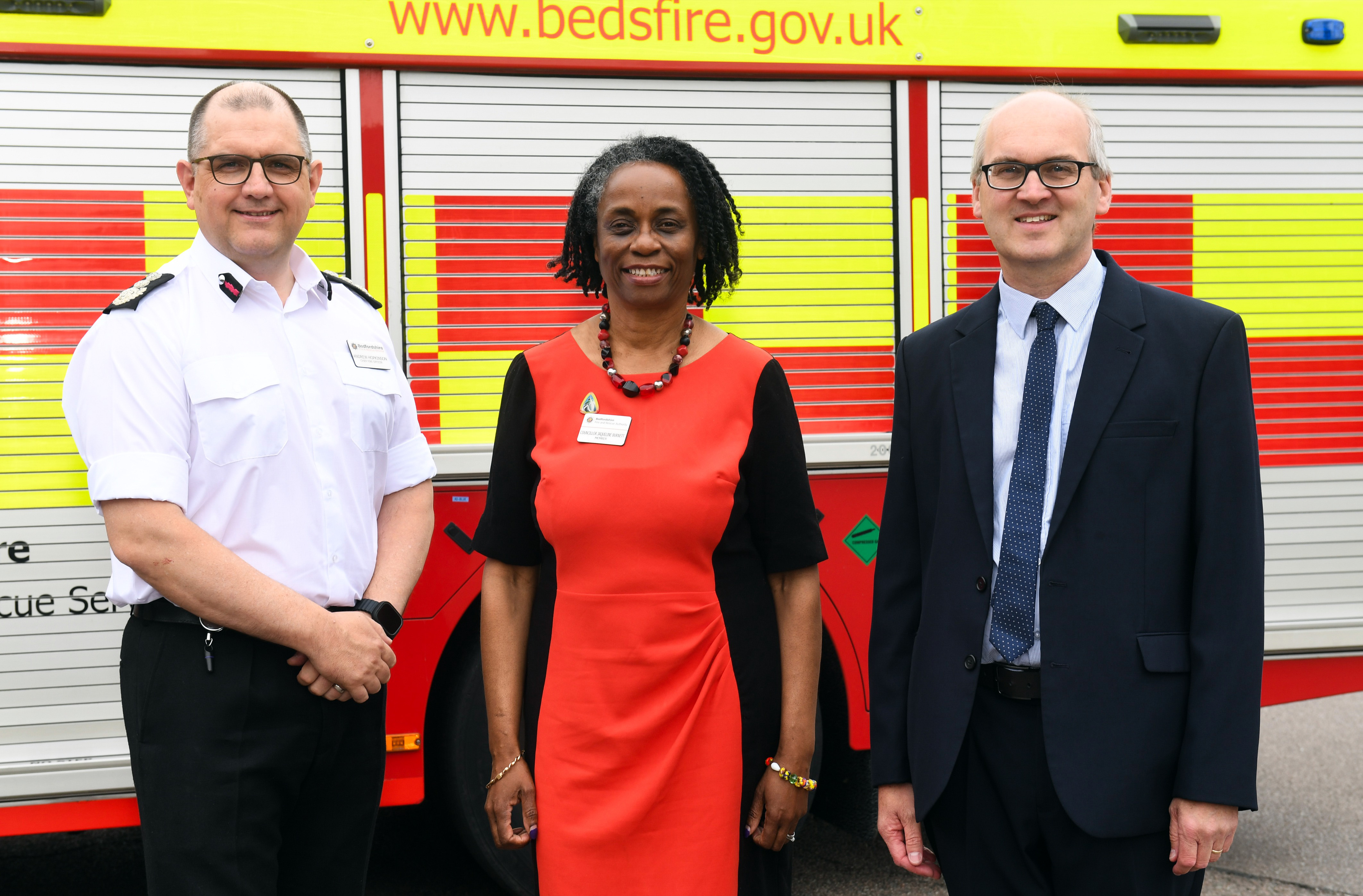 Image shows from left to right: Chief Fire Officer Andy Hopkinson, Councillor Jacqui Burnett and Councillor Michael Headley