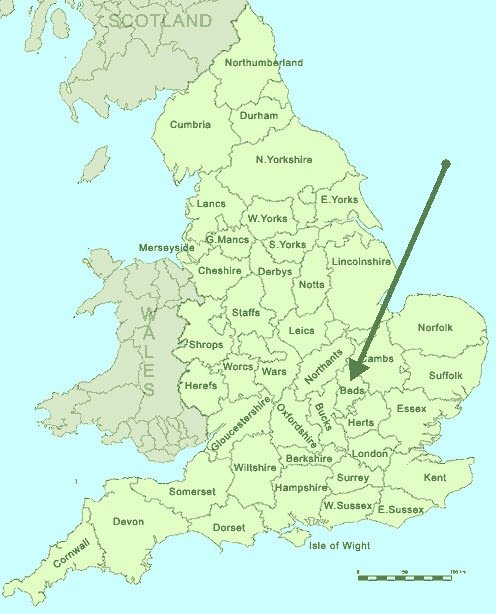 Bedfordshire in UK map