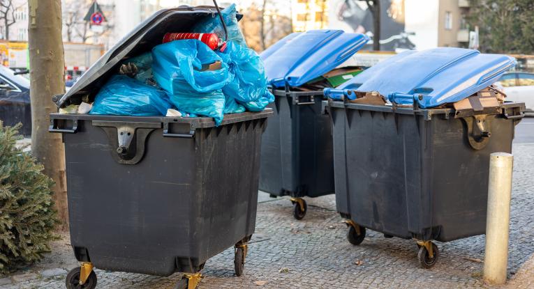 Photo of over filled commercial bins out in the open, close to trees, shrubs, buildings